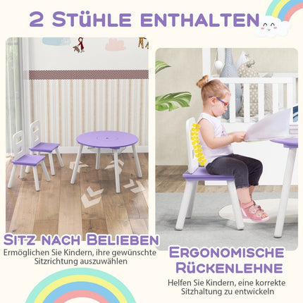 Children's table with 2 chairs 3 pieces. Children's seating set made of wood, children's seating set with removable table cover, purple