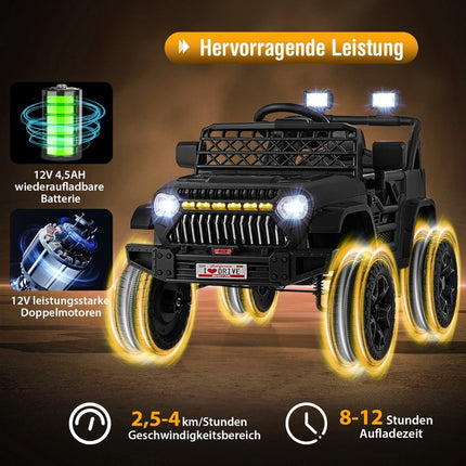 Vaikiškas sunkvežimis su 12 V įkraunamu elektriniu automobiliu ir nuotolinio valdymo pultu, juodas