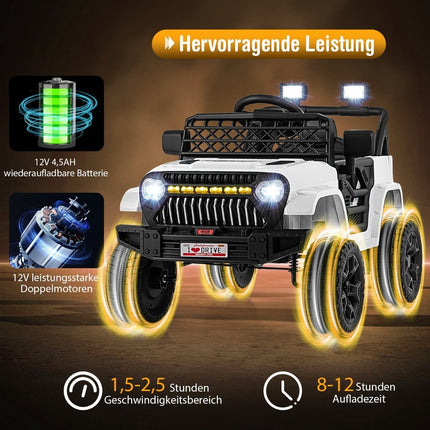 Vaikiškas sunkvežimis su 12 V įkraunamu elektriniu automobiliu ir nuotolinio valdymo pultu, baltas