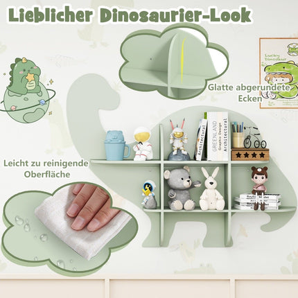 Vaikiška sieninė knygų lentyna su 2 lentynomis ir 6 atvirais skyriais, medinė vaikų lentyna su dinozauru