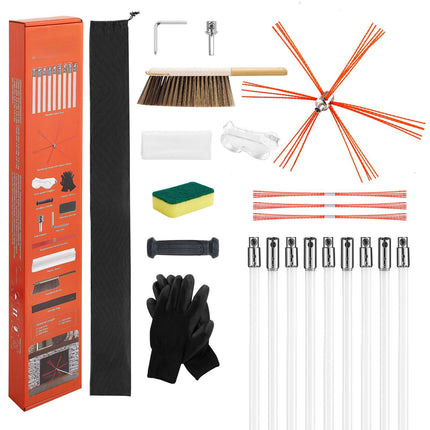 Chimney Sweep Kit, 30 ft Flexible Rods, Brush, Goggles
