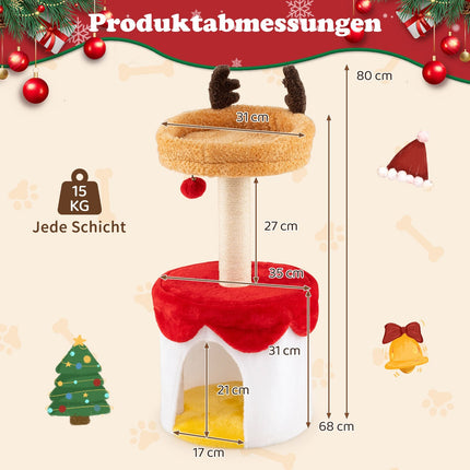 Kalėdinė katės eglutė su sizalio stulpu, 80 cm, jaukus guolis