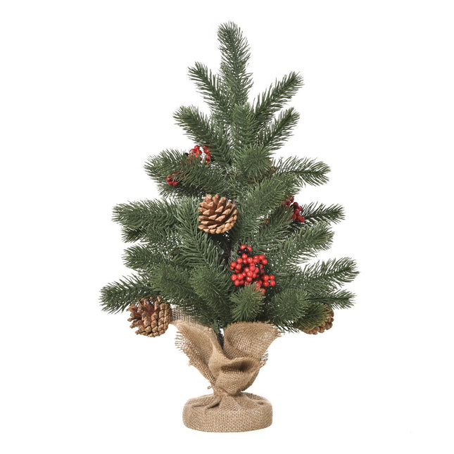 Kalėdų eglutė, 50 cm, su 4 raudonomis uogomis ir 4 pušies kankorėžiais, dirbtinė eglė, 55 šakos, stabilus ir patvarus pagrindas, pe cemento audeklas, Ø28 x 50 cm