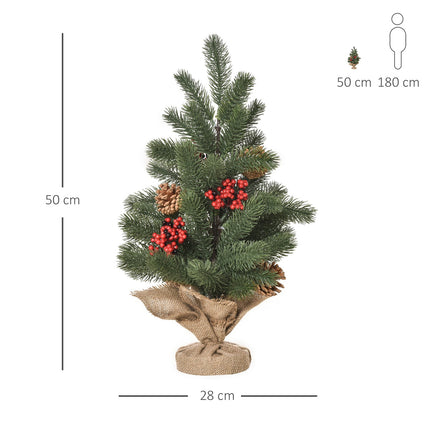 Kalėdų eglutė, 50 cm, su 4 raudonomis uogomis ir 4 pušies kankorėžiais, dirbtinė eglė, 55 šakos, stabilus ir patvarus pagrindas, pe cemento audeklas, Ø28 x 50 cm