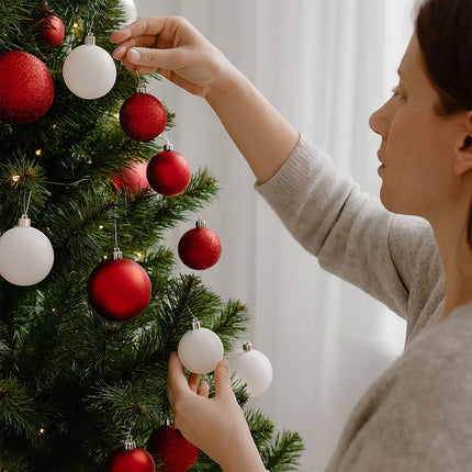 Kalėdinių eglutės žaisliukų rinkinys, raudona ir balta, įvairūs apdailos variantai