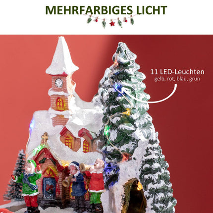 Kalėdų kaimelis. Kalėdinis miestelis su LED apšvietimu, 1 bažnyčia, 5 Kalėdų eglutėmis, 1 aikšte, 2 muzikantais, 1 vadu ir 1 judančiu traukinuku. Žiemos peizažas Kalėdoms.