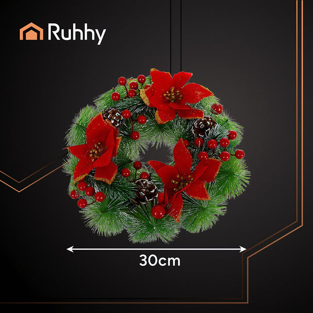 Christmas Wreath 30cm – Pine Cones, Red Berries, PVC