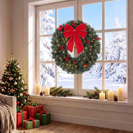 Christmas Wreath 60 cm with 50 Warm White LEDs and Bow, 8 Light Modes, 140 Tips