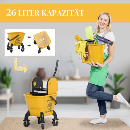 Valymo vežimėlio valymo vežimėlis 26 litrų kibiras su presu, valymo vežimėlis su rankena ir šluoste pastatų valymui geltonas