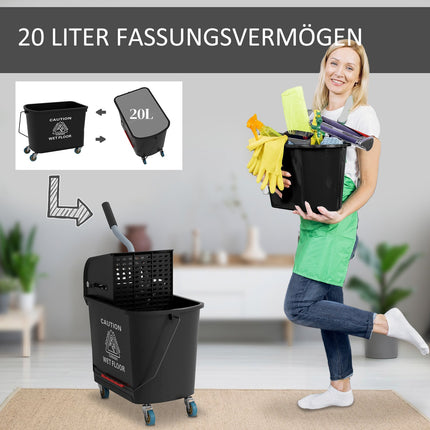 Valymo vežimėlis, mobilus kibiras, 20 litrų talpos valymo kibiras, valymo vežimėlis su presu, 2 kameros, juodas
