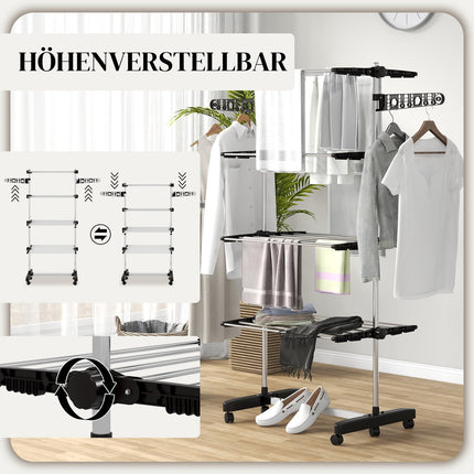 Clothes airer with wheels, folding wings - steel, 142 x 55 x 172 cm
