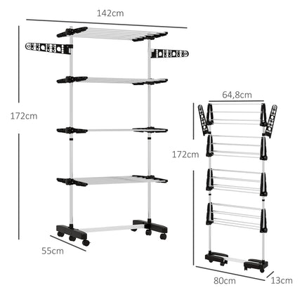 Clothes airer with wheels, folding wings - steel, 142 x 55 x 172 cm