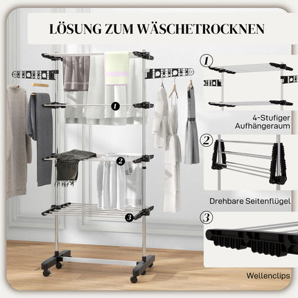 Clothes airer with wheels, folding wings - steel, 142 x 55 x 172 cm