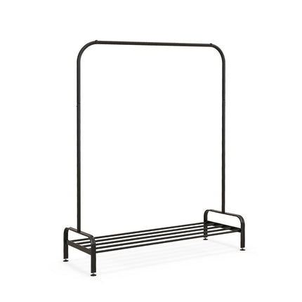 Drabužių kabykla su reguliuojamo aukščio kojelėmis, drabužių skersiniu ir daiktadėže, 112 x 42 x 145 cm, juoda