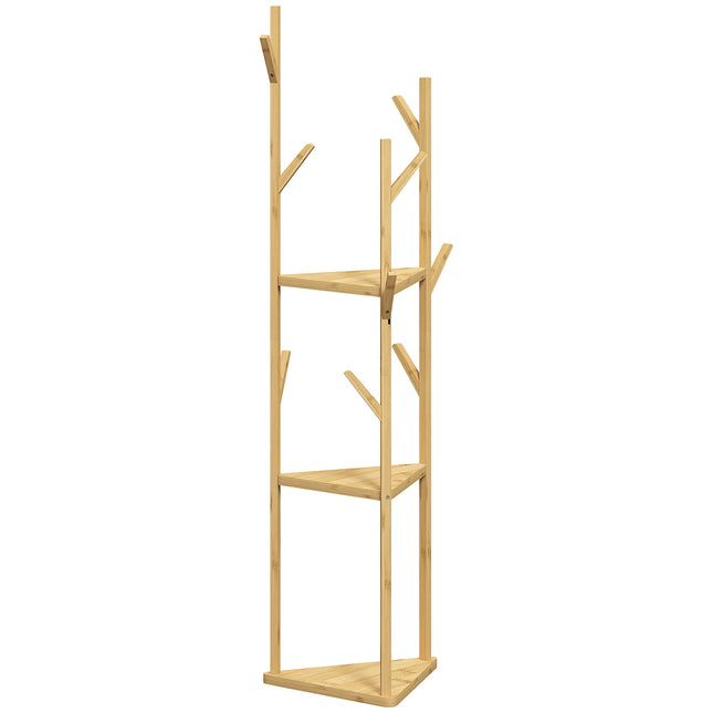 Paltų kabykla, drabužių kabykla su 8 kabliukais, 3 lygiai, kepurių stovas, drabužiai, įėjimas, prieškambaris, 45 x 45 x 170 cm, bambukas, natūralus |