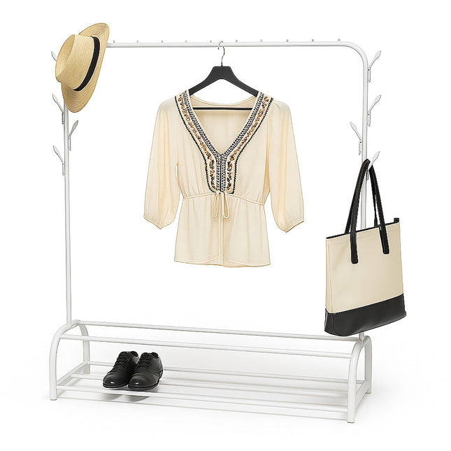 Paltų kabykla su drabužių pakaba, 2 lentynos, 8 kabliukai