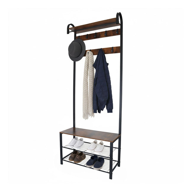Paltų kabykla su batų suoliuku - geležinė, 2 kabliukų bėgeliai, kepurių lentyna