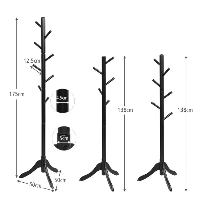Medinė drabužių kabykla su 8 kabliukais, reguliuojamo aukščio, 175 cm, juoda