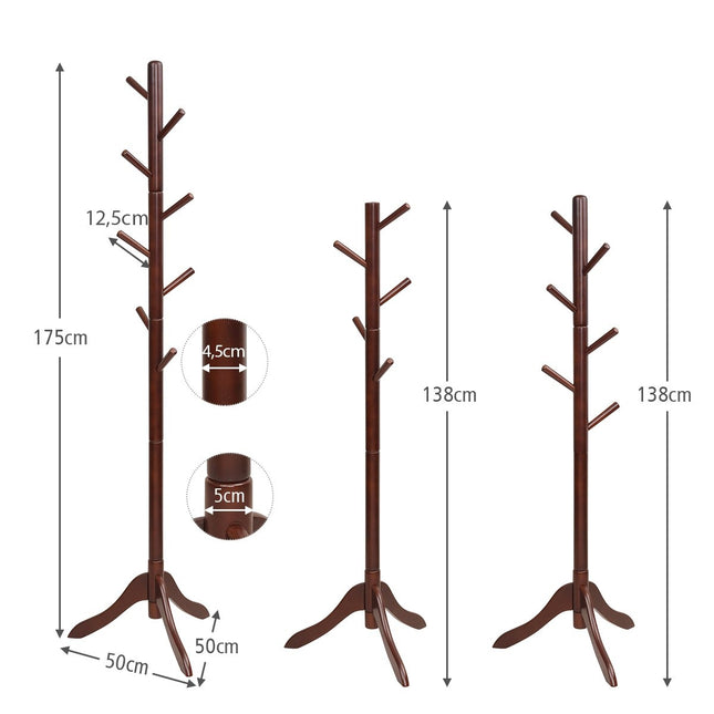 Medinė drabužių kabykla su 8 kabliukais, reguliuojamo aukščio, 175 cm, ruda