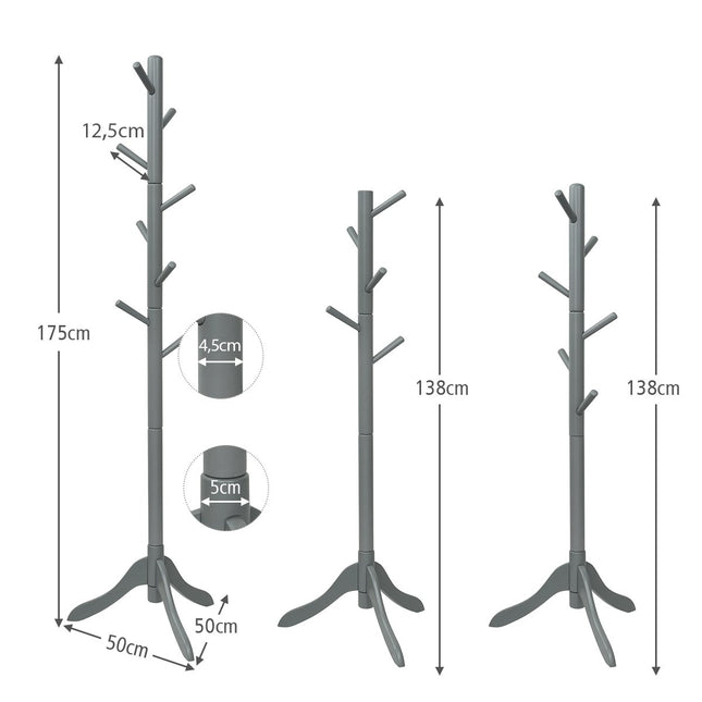 Medinė drabužių kabykla su 8 kabliukais, reguliuojamo aukščio, 175 cm, pilka