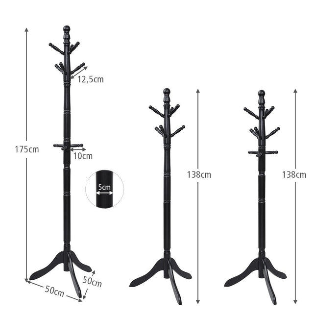 Paltų kabykla su 9 kabliukais, laisvai pastatoma drabužių kabykla su reguliuojamu aukščiu, 175 cm, juoda