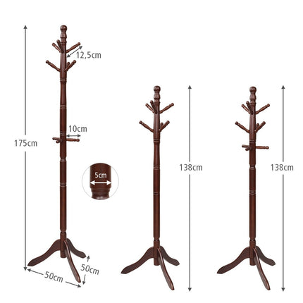 Paltų kabykla su 9 kabliukais, laisvai pastatoma drabužių kabykla su reguliuojamu aukščiu, 175 cm, ruda