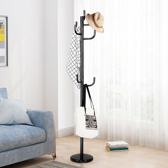 Paltų kabykla su 8 kabliukais, pagaminta iš metalo, juoda, 38 x 175 cm