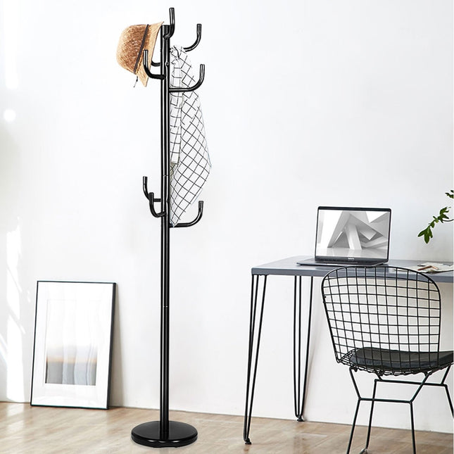 Paltų kabykla su 8 kabliukais, pagaminta iš metalo, juoda, 38 x 175 cm