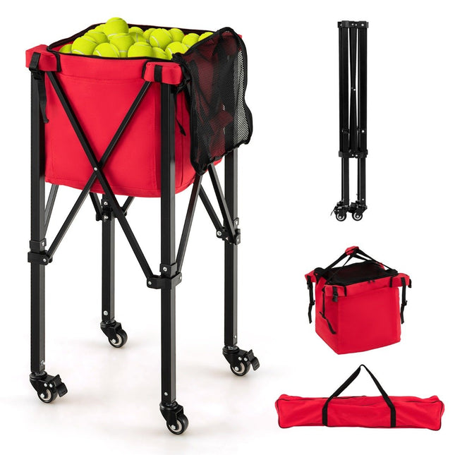 Sulankstomas teniso kamuoliukų vežimėlis su ratukais, nuimamu krepšiu, šoninėmis kišenėmis ir nešiojimo krepšiu, nešiojamas kamuoliukų vežimėlis, talpinantis 150 teniso kamuoliukų, raudonas