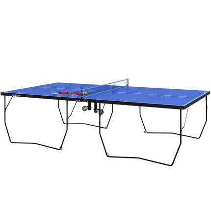 Lauko stalo teniso stalas, sulankstomas stalo teniso stalas su tinklu, ratukais, 2 stalo teniso lazdomis, 3 kamuoliukais, plienas, mėlynas, 274x152,5x76 cm