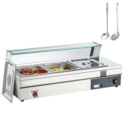 Commercial Countertop Food Warmer, 3 x 12 Qt, Glass Shield