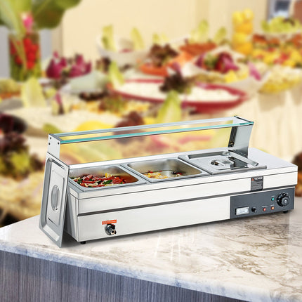 Commercial Countertop Food Warmer, 3 x 12 Qt, Glass Shield