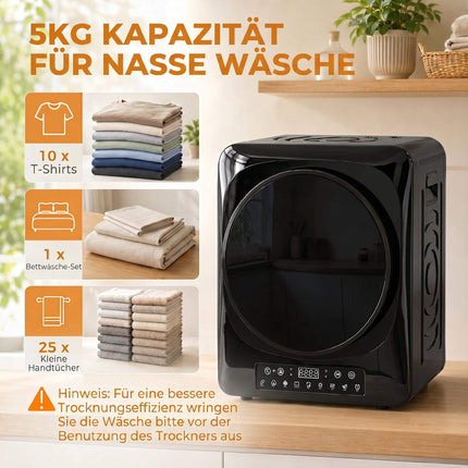 Kompaktiška ventiliuojama džiovyklė, 5 kg, 1000 W, juoda