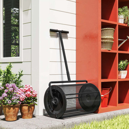 Komposto barstytuvas 300L 61x40cm trąšų barstytuvas vejos sodas sodo barstytuvas su T formos rankena, tinkliniu krepšiu metalinis sėklų barstytuvas durpių samanų barstytuvas vejos barstytuvas vejos priežiūra kompostui, mėšlui trąšos sėklos