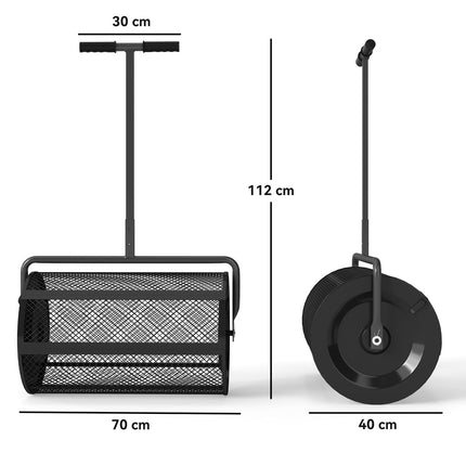 Komposto barstytuvas 300L 61x40cm trąšų barstytuvas vejos sodas sodo barstytuvas su T formos rankena, tinkliniu krepšiu metalinis sėklų barstytuvas durpių samanų barstytuvas vejos barstytuvas vejos priežiūra kompostui, mėšlui trąšos sėklos