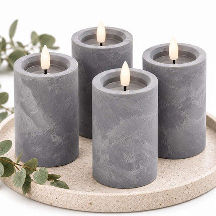 Concrete-Effect LED Candles with Flicker Light, Set of 4, Grey, Timer