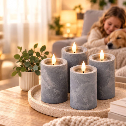 Concrete-Effect LED Candles with Flicker Light, Set of 4, Grey, Timer