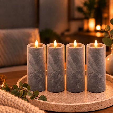 Concrete-Effect LED Candles with Flicker Light, Set of 4, Grey, Timer