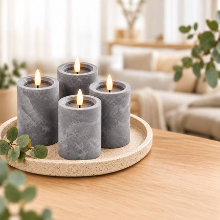 Concrete-Effect LED Candles with Flicker Light, Set of 4, Grey, Timer