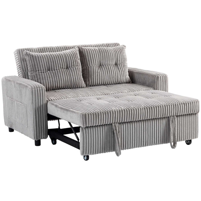 Convertible 2-Seater Cord Sofa Bed, 2 Pillows, Pockets, Grey