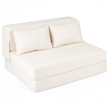 Išskleidžiama šenilinė sofa-lova su 2 pagalvėlėmis, smėlio spalvos