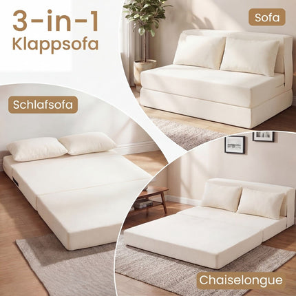 Išskleidžiama šenilinė sofa-lova su 2 pagalvėlėmis, smėlio spalvos