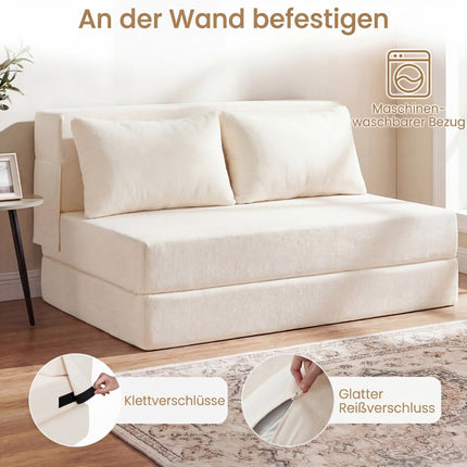 Išskleidžiama šenilinė sofa-lova su 2 pagalvėlėmis, smėlio spalvos
