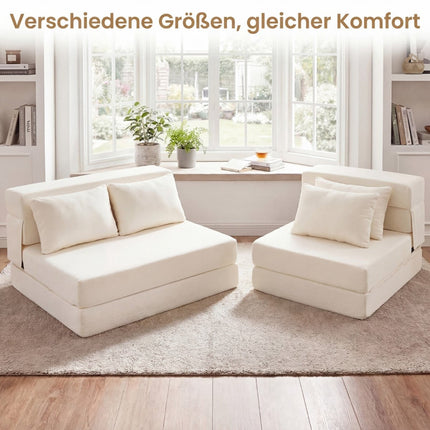 Išskleidžiama šenilinė sofa-lova su 2 pagalvėlėmis, smėlio spalvos