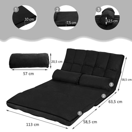 Išskleidžiama grindų sofa-lova, reguliuojamas atlošas, juoda