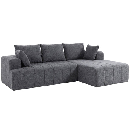 Išskleidžiama L formos šenilinė sofa-lova su pufu, pilka