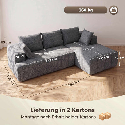 Išskleidžiama L formos šenilinė sofa-lova su pufu, pilka