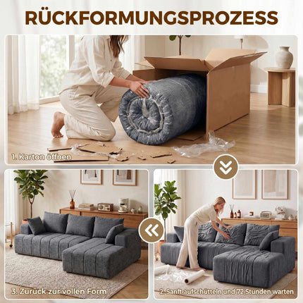 Išskleidžiama L formos šenilinė sofa-lova su pufu, pilka