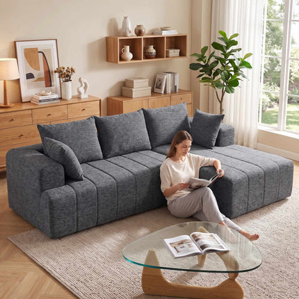 Išskleidžiama L formos šenilinė sofa-lova su pufu, pilka