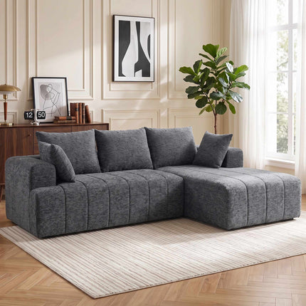 Išskleidžiama L formos šenilinė sofa-lova su pufu, pilka
